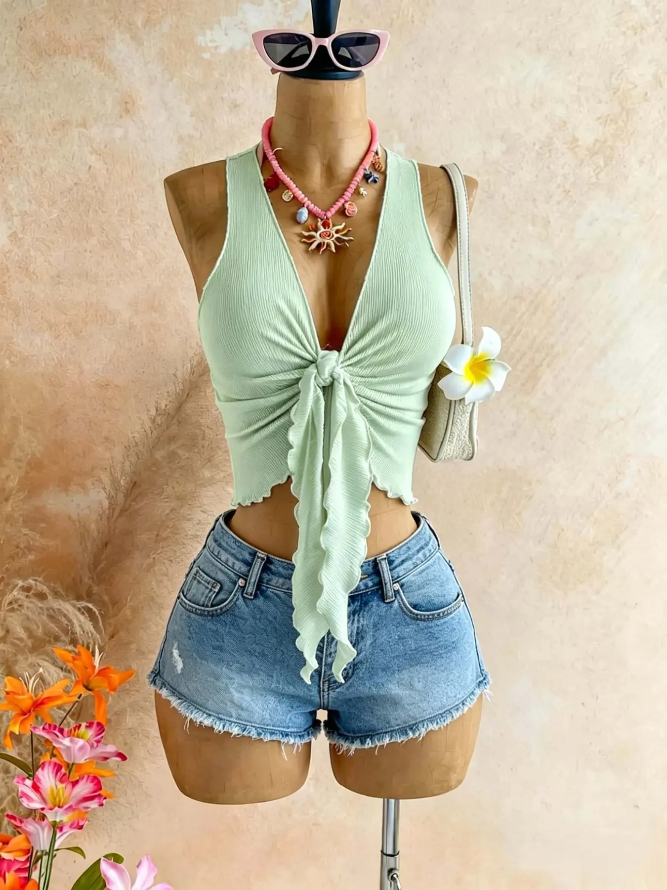 Deep V Neck Strapless Halter Top, Leaf Ruffle Short Sleeve Backless Knitted Crop Tank, American Vacation Style, Slimming Hot Girl Shirt
