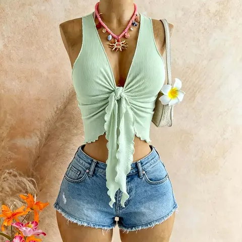 Deep V Neck Strapless Halter Top, Leaf Ruffle Short Sleeve Backless Knitted Crop Tank, American Vacation Style, Slimming Hot Girl Shirt, Strapless Cropped Top
