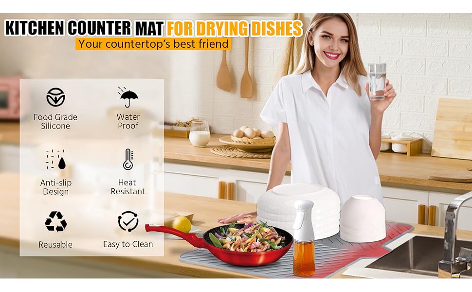 Silicone Dish Drying Mat with Built-in Drain Lip - Hygienic Drying Pad - Sturdy Compact Easy to Clean Tray Protects Surfaces Prevents Water Build Up - 23 X 17 (Grey)