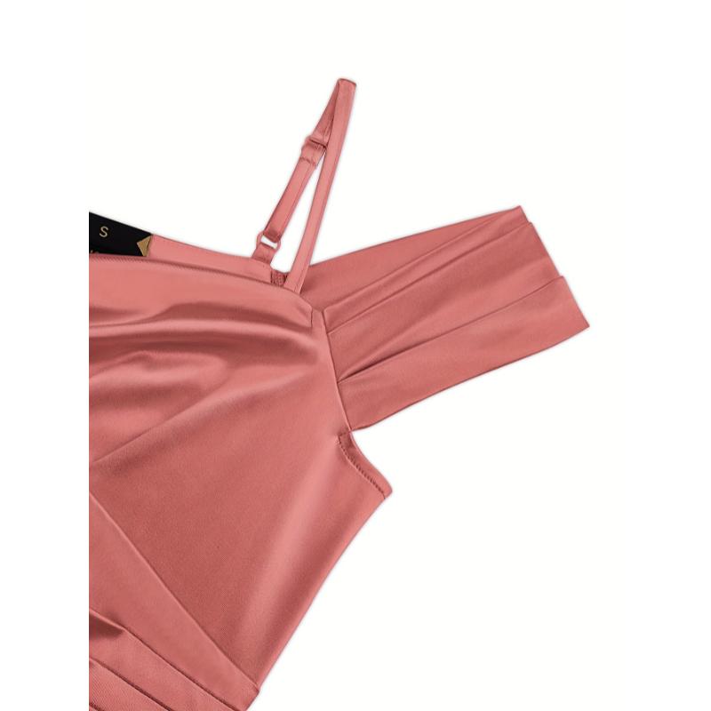 Elegant Women'S Off-Shoulder Satin Long Bridesmaids Dress, Spaghetti Straps, Slit And Ruched Design, For Formal Evening Prom, Wedding Party, Gala Womenswear Workwear Sleeveless