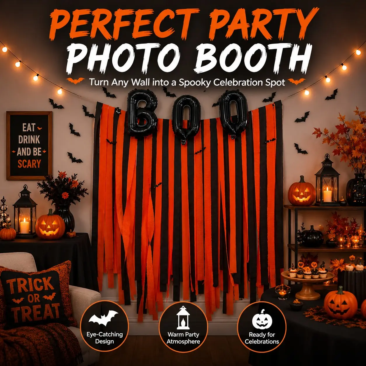 21pcs Halloween Boo Party Decor Kit, 16" Boo Balloons, & Streamers, 3D Bat Decals, Spooky Mantel Backdrop