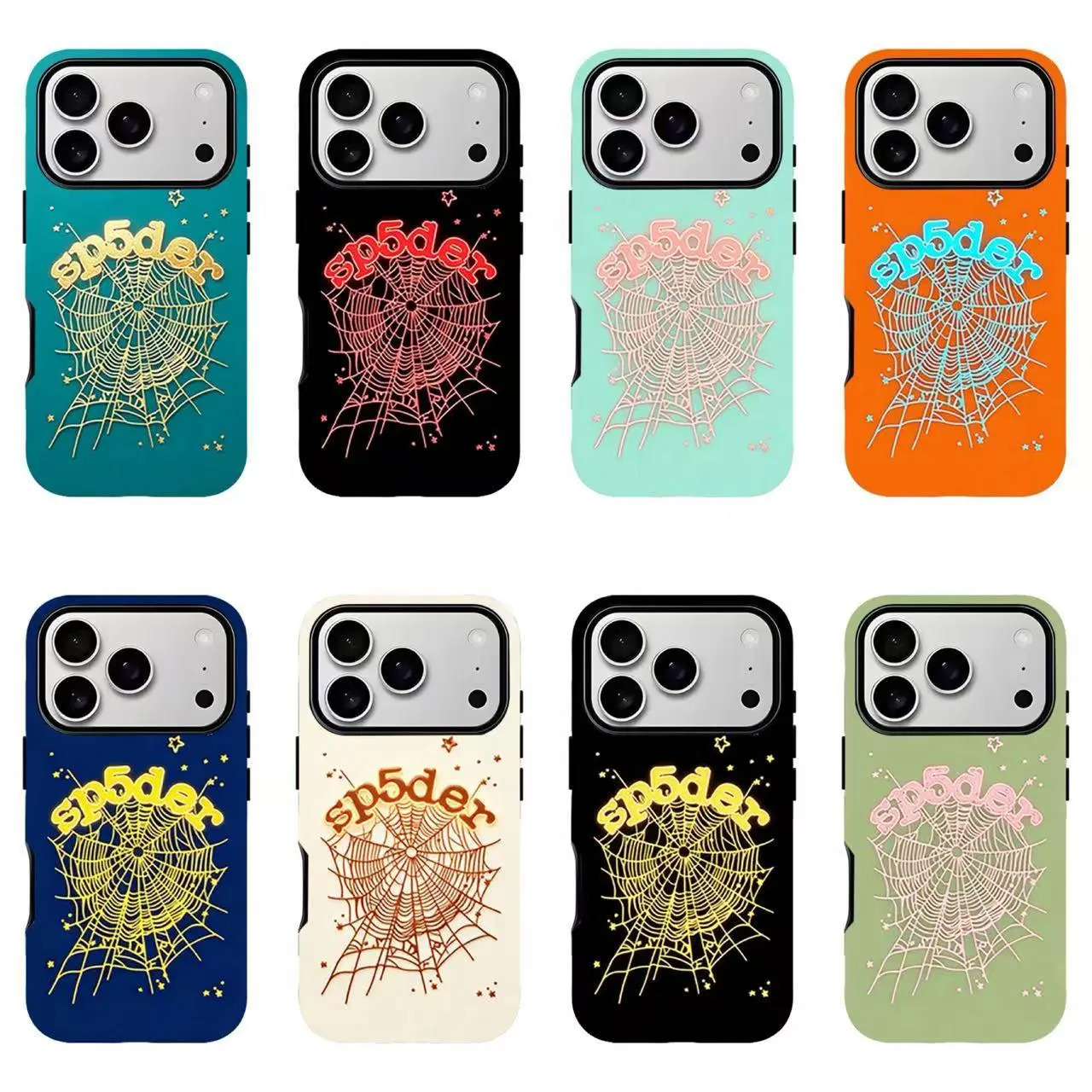 S-Sp5der Pattern Phone Case — Chrome-Style, Streetwear, and Y2K Punk Urban-Style Protective Cover; Compatible with iPhone 11–17 Pro Max/Plus Series and Samsung Galaxy S23– Series; Drop-Resistant and Shockproof.