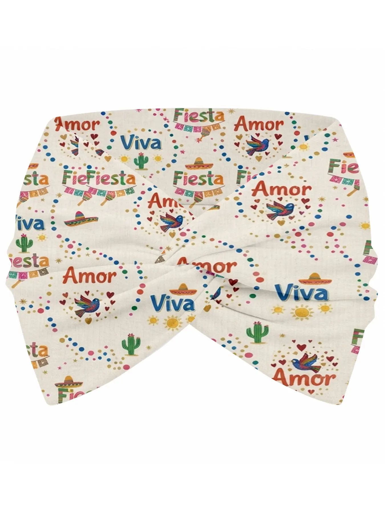 【Mexican Cultural】Headband for Women – Motifs with “Fiesta,” “Amor,” “Viva,” Cactus, Sombrero, Hummingbird & Colorful Confetti on Cream, Perfect for Cinco de Mayo, Fiesta Parties, Latinx Celebrations & Vibrant Boho Style Looks