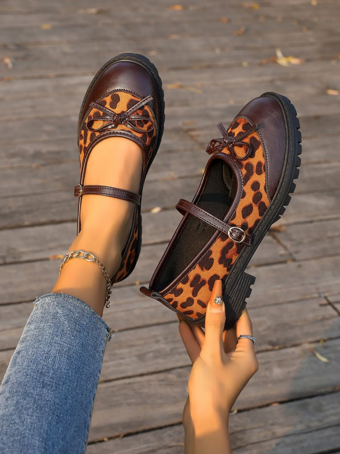 Classic Leopard Print Velvet Mary Jane Shoes, Glossy Toe, Bow Detail, Chunky Sole, Retro Style, Comfortable Fit, Footwear
