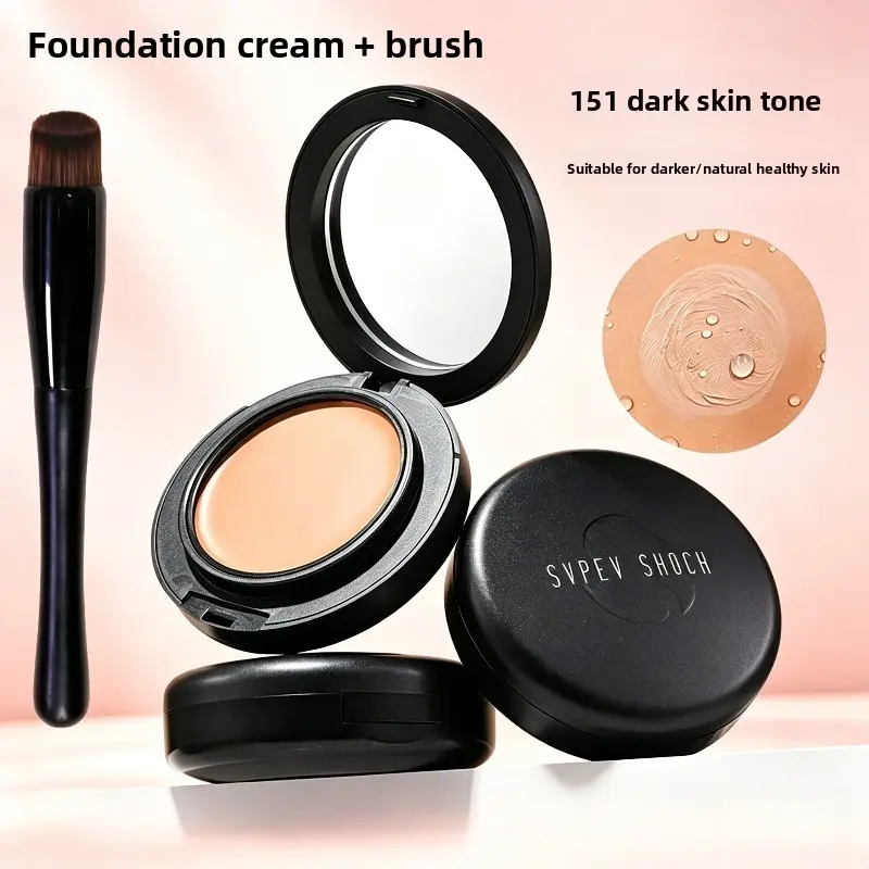 2-in-1 Double-Layer Foundation & Concealer Cream with Slim Waist Brush, Oil Control, Long-Lasting, Flawless Skin Finish, Hydrating Nude-Finish CC Cream, Waterproof & Smooth Wet Foundation Compact, Makeup Cream