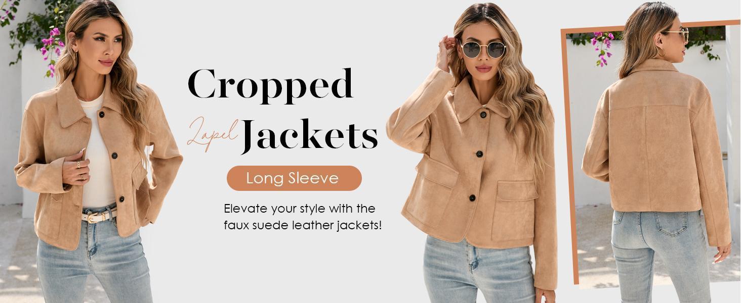 Imily Bela Womens Faux Suede Leather Jackets Casual Cropped Coats Vintage Button Down Shackets