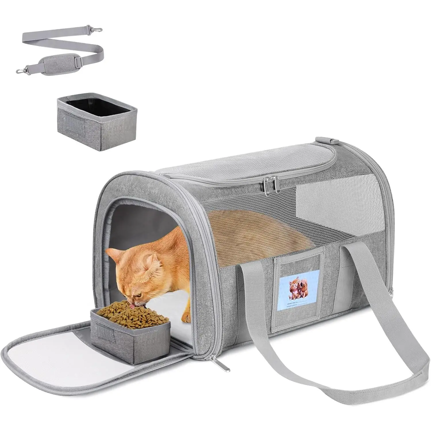 Soft-Sided  Carrier, Travel Bag (Up to 16 Lbs) |  Crate with Detachable  Bowl and Lockable Zippers,Breathable Mesh Kennel,Travel for Small ,Puppy,Kitten,Grey
