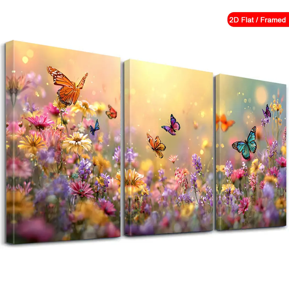 2D flat decorative painting, 3-piece framed colorful butterfly wall art poster, spring floral wall art, vibrant garden oil painting decoration, butterfly garden wall art, modern poster, vintage art print, home decoration, suitable for living room, bedroom