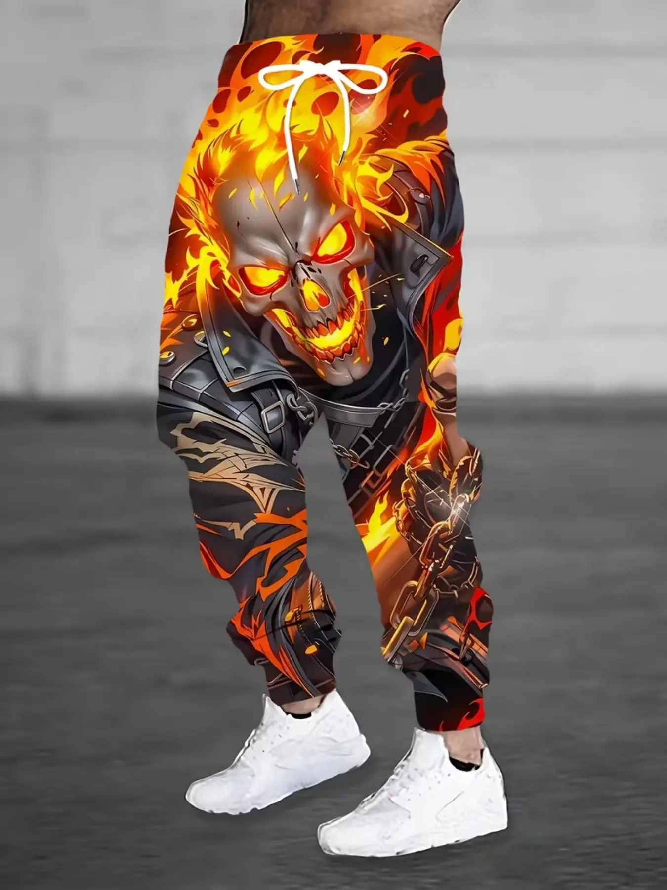 Dark Punk Skull Chain Leather Jacket Digital Print Sweatpants, Men's Streetwear Fitted Ankle-Length Casual Long Pants, All-Season Natural Waist