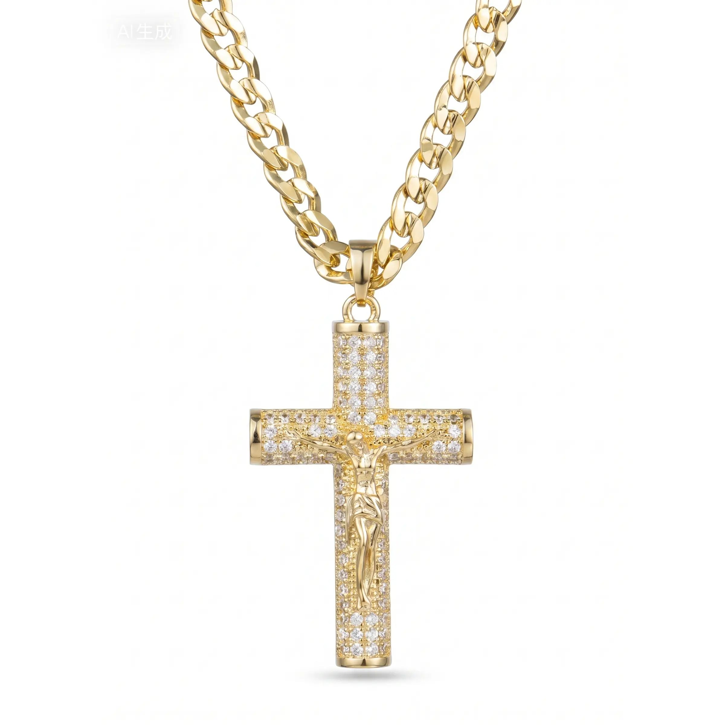 14K Gold Plated Cuban Link Cross Necklace - 24 Inch 6mm Iced Out Jesus Crucifix Pendant, Hip Hop Streetwear Faith Jewelry