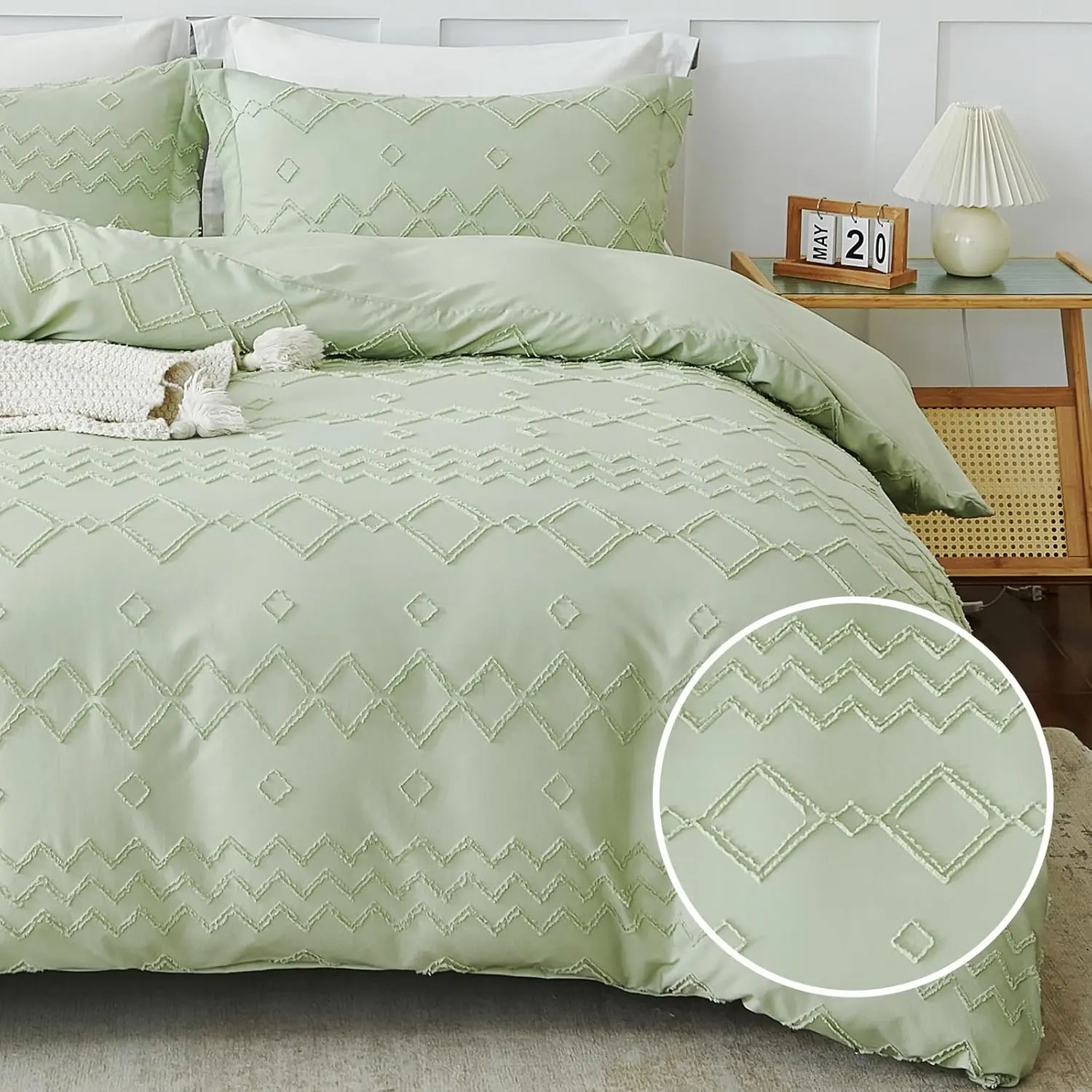 Boho Embroidered Duvet Cover Set, Twin Size Sage Green - 2 Pieces Soft Breathable Tufted Bedding with Zipper Close, 1 Duvet Cover & 1 Pillow Sham for Bedroom Ethnic Decor, Year-Round Use, Bedroom Decor, Breathable Fabric Duvet Cover Sets