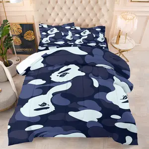Dark Blue Camouflage Pattern Comforter Set, 1 Comforter + 1/2 Pillowcases, Soft Comfortable HD All-Season Bedding, Ideal for Street Style Fans, Modern Apartment & Cool Bedroom Decor