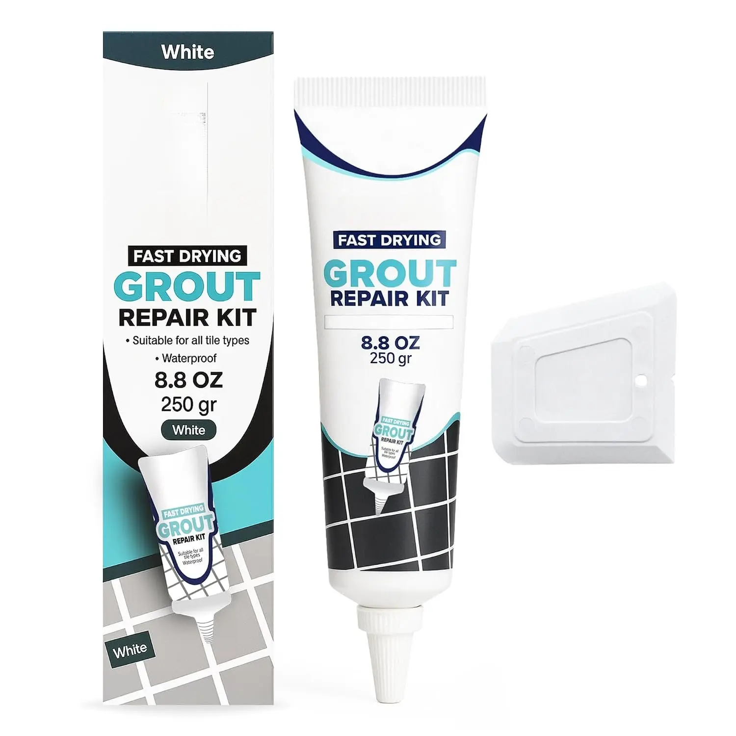 Premixed Tile Grout Repair - White (8.8oz/250g) |  sanded formula, for bathroom shower kitchen tile, water-resistant, applicator included, 24-hour cure, 29 sq ft
