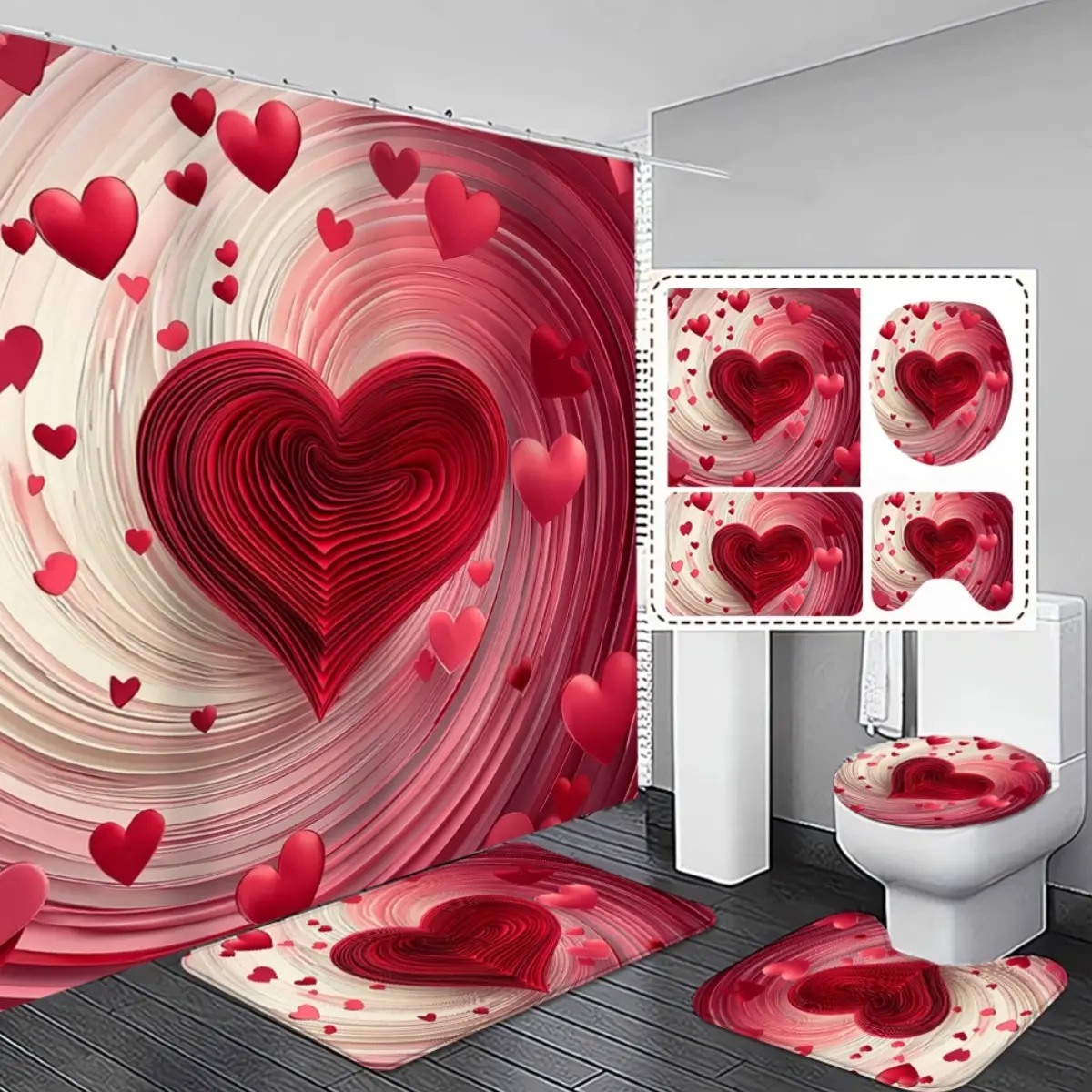 4-Piece romantic Valentine's Day bathroom decoration set, heart-shaped pattern printed shower curtain and non-slip bathroom lid, red and pink design, suitable for love-themed home bathrooms, exquisite and practical home decoration gifts