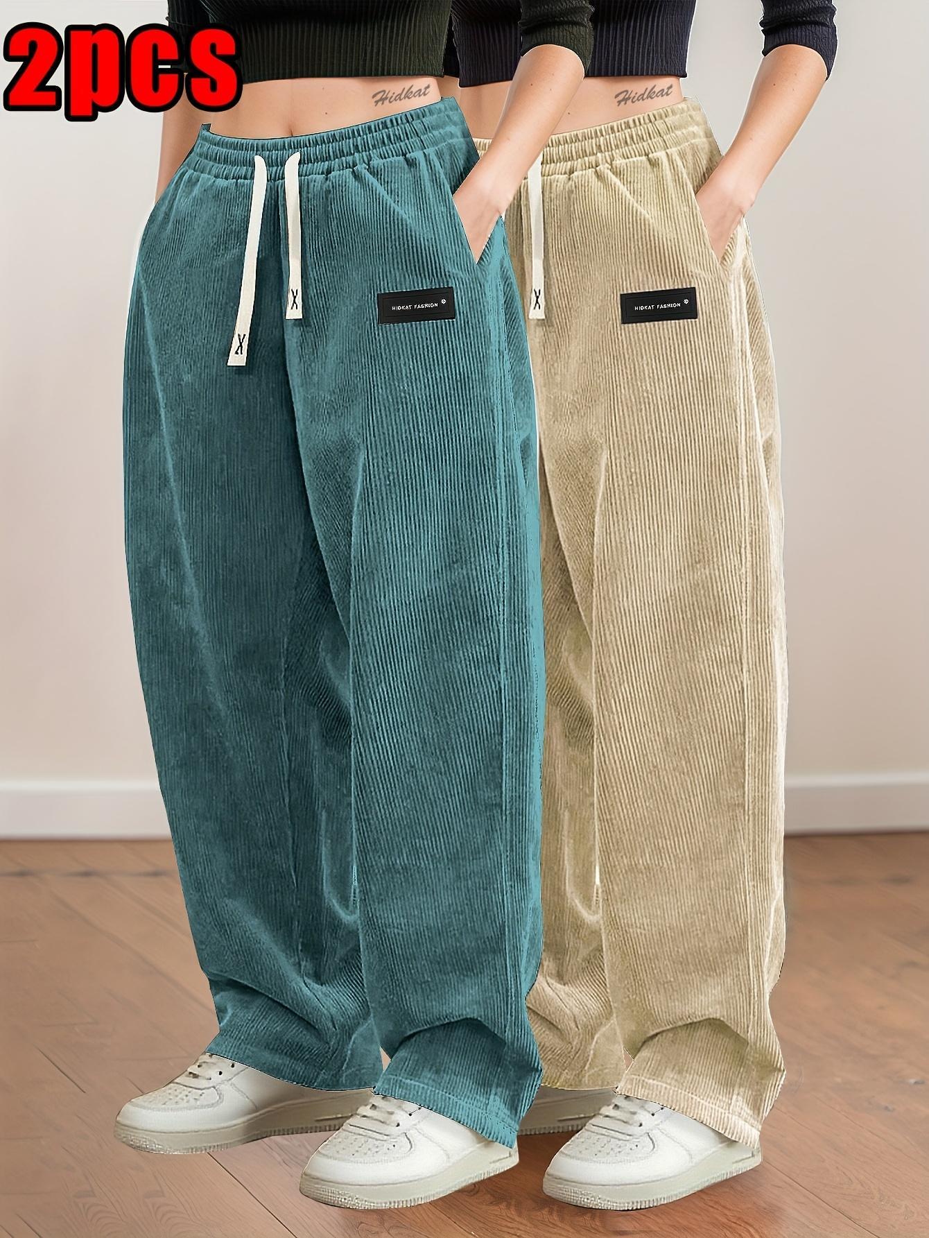 2 Pairs Women's Corduroy Pants, Women's Corduroy Wide Leg Pants 2 Pack, Women's Elastic Waist Corduroy Trousers, Women's Casual Corduroy Sweatpants 2PCS, Plus Size Corduroy Pants