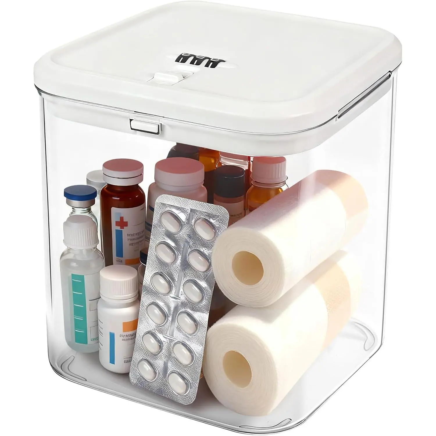 Small Lock Box for Safe Medication, Clear Lock Box with Combination Code, Locked Medicine for Pills First Aid, Lockable storage box for Snack/Fridge/Food/Phone medicine Organizer 5.5x5.5x5.6in