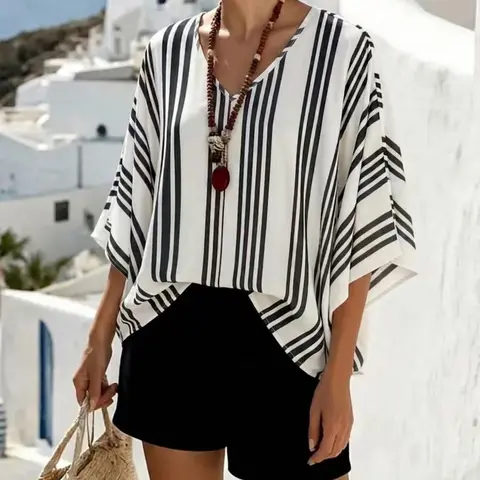 Plus Size Striped Batwing Sleeve Blouse, Casual V-Neck Loose Fit Shirt, Lightweight Fabric, Y2K Clothes Summer Daily Wear, Summer Vibes Tops, Pattern Detail Party Casual Wear, Boho Resort Blouse