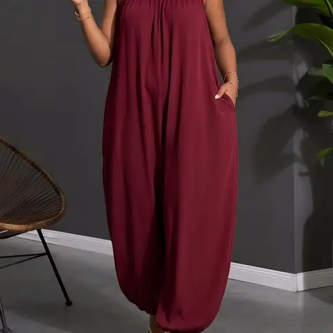 Plus Size Women's Boho Aesthetic Wide Leg Loose Baggy Fit Jumpsuit, Casual Comfortable Sleeveless Solid Color Jumpsuit, Spring Summer Fashion Jumpsuit, Perfect for Party & Daily Wear, Casual Comfy Jumpsuit