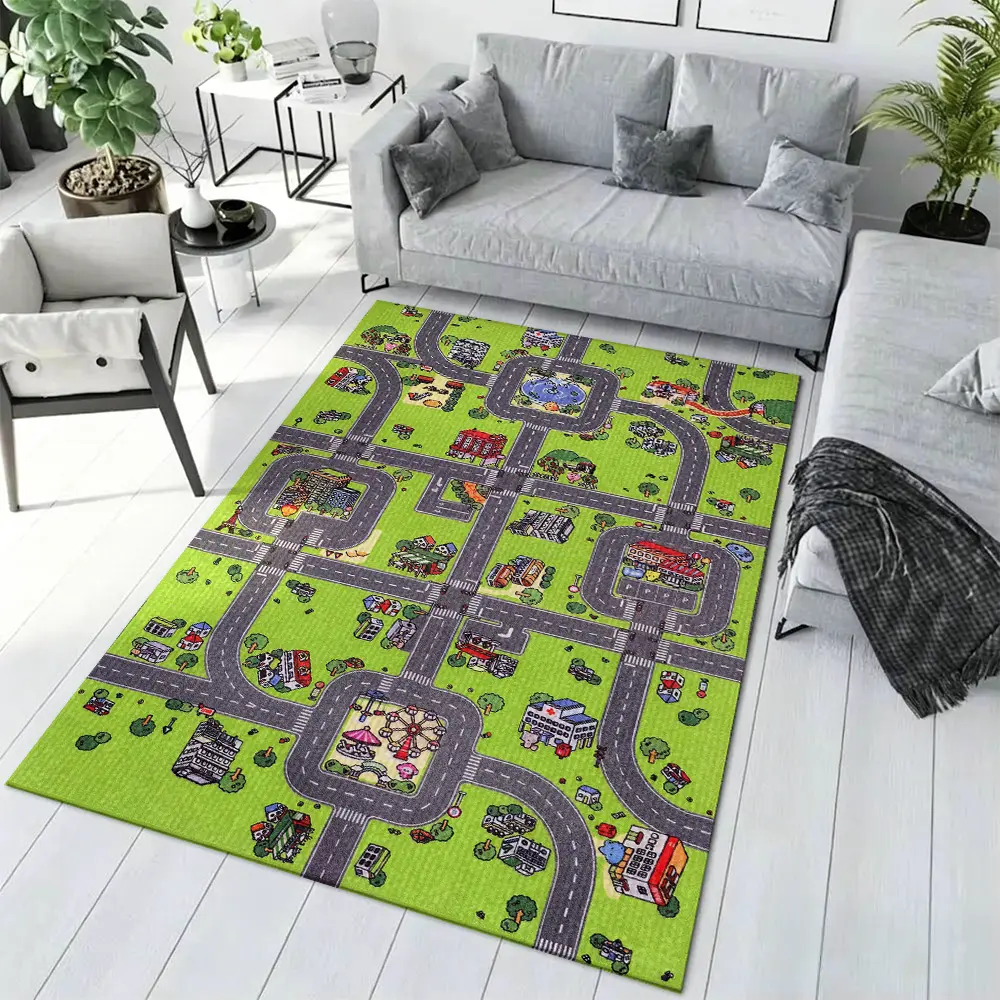 Green Grass City Road Traffic Map Crystal Velvet Kids Car Game Non-Slip Play Rug #GreenCityRoadMat #VehicleGamePlayCarpet #ToddlerTrafficFloorMat #CrystalVelvetKidsRug