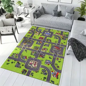 Green Grass City Road Traffic Map Crystal Velvet Kids Car Game Non-Slip Play Rug #GreenCityRoadMat #VehicleGamePlayCarpet #ToddlerTrafficFloorMat #CrystalVelvetKidsRug