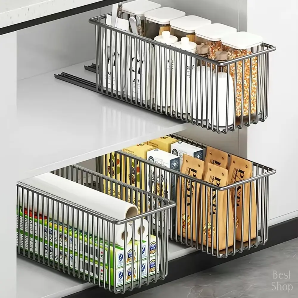 Collapsible High-Carbon Steel Wire Frame Pull-Out Cabinet Organizer Basket - Smooth-Slide Full Extension, Matte Anti-Rust Coating, Easy-to-Wipe Clean, Open Grid Home Storage for Kitchen Use, Bathroom (Clearance Sale), Cabinet Access