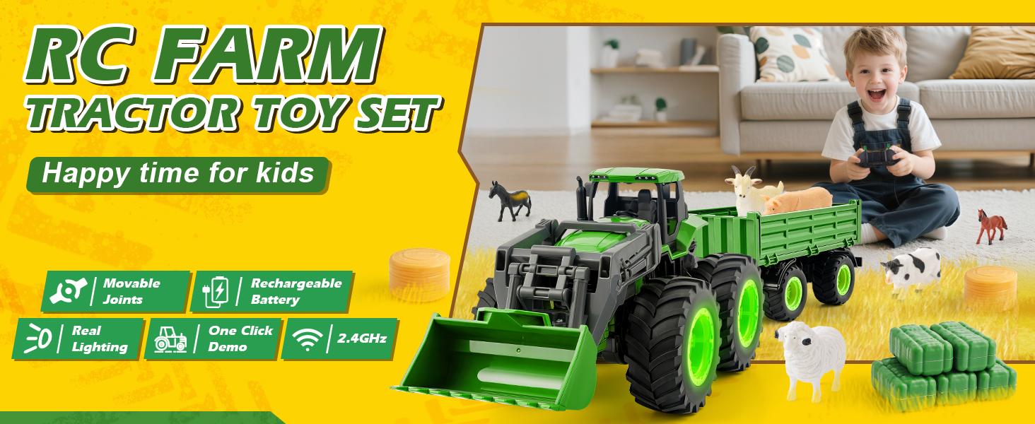 Remote Control Tractor Toy, Kids RC Tractor Set with Truck & Trailer and Light/Loading/8 Wheel, 2.4 Ghz RC Farm Vehicle Toys, Animal Farm Kids Toy for 3 4 5 6 7 8 9 Year Old Boys Girls Birthday Gift
