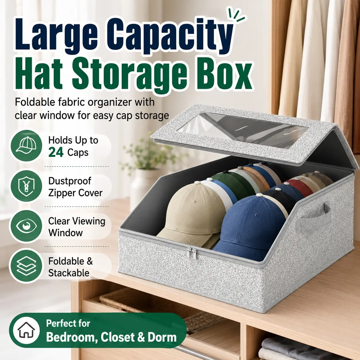 Large Capacity Hat Storage Box for Caps, Foldable Fabric Hat Organizer with Clear Window and Dustproof Zipper Cover, Stackable Closet Storage Container Holds , Space Saving Hat Display Case for Bedroom, Wardrobe, Dorm Room, Home Organization and Daily Use