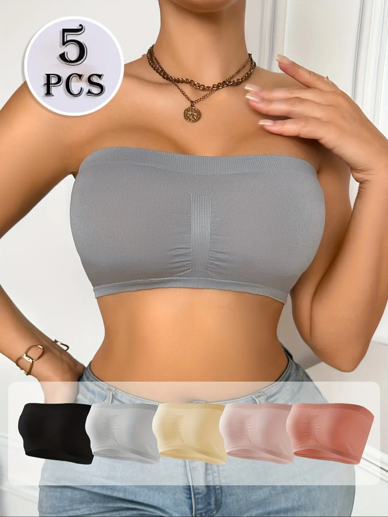 Women's Seamless Strapless Bra Set, No Padding No Underwire, Unlined Bra, Wireless Sports Bras for Women, Comfortable and Breathable, Comfy Bras, 5 Pieces