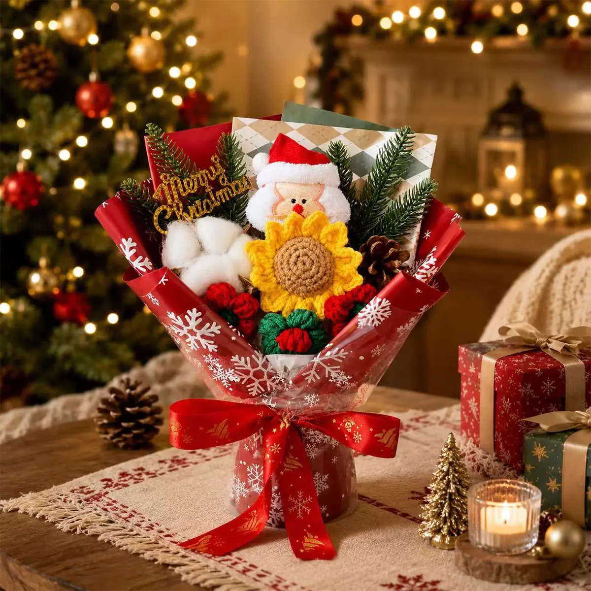 Handmade Crochet Santa Claus Bouquet, Knitted Artificial Flower Bouquet, Christmas Party Gift, Includes Gift Bag, Perfect Holiday Decor