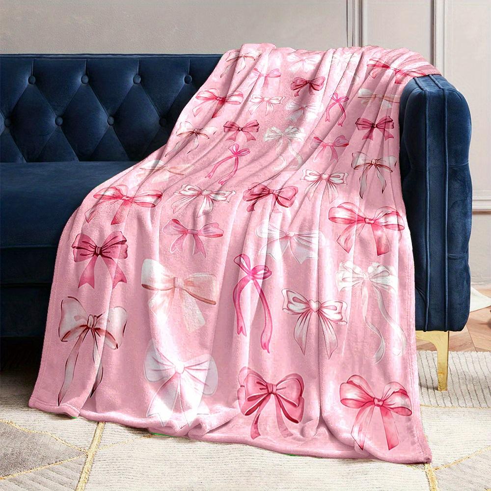 [Pink Bow Print Flannel Blanket] Soft Pink Bow Print Flannel Throw Blanket - Cozy All-Season Comfort for Couch, Bed, Office, and Travel - Perfect Gift for Family and Friends-280GSM