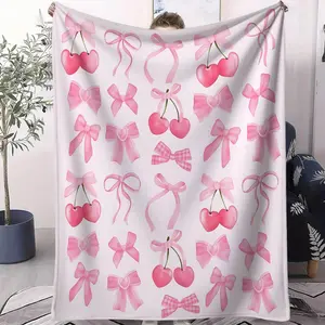 1Pc Throw Blankets Featuring A Pink Bow And Cherry Design. Perfect For Fans Of Adorable And Feminine Aesthetics, And Makes A Delightful Gift