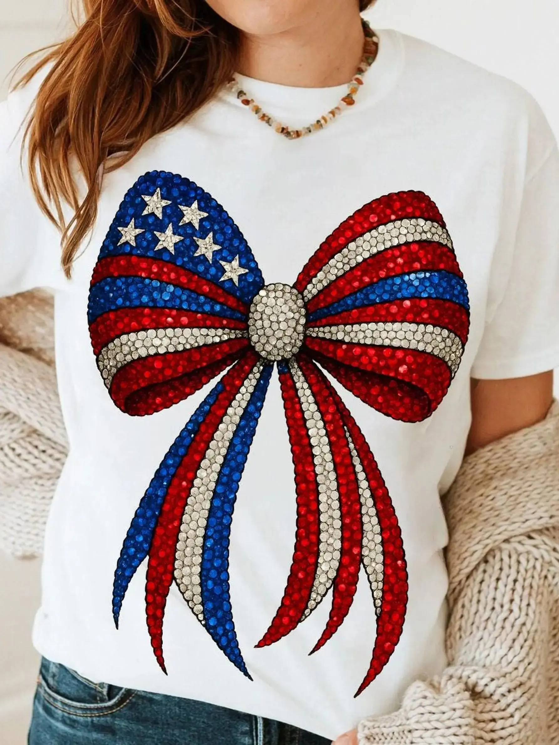 Imitation Crystal American Style Bowknot PNG, Red White Blue 4Th of July, Patriotic American Memorial Day Shirt Design 3 Letter Pattern, Trendy Short Sleeve T-Shirt, Letter Print T-Shirt, Regular Round Neck, Pure Comfortable Breathable Fabric