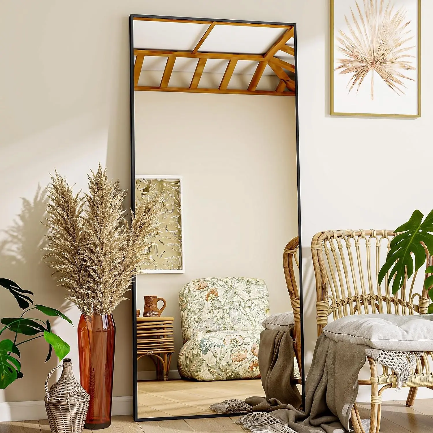 Mirror Full Length - 21" x 57" Floor Mirror with Stand Black |  Alloy Frame Full  Dressing Mirror, Standing  or Leaning Against Wall for Bedroom Living Room