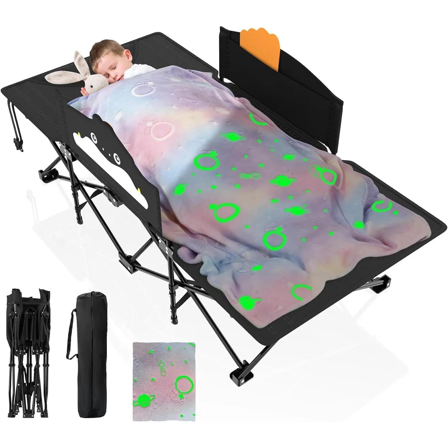 Kids Camping Cot, Comfortable Toddler Cot Bed Easy to Store and Use, Portable Sleeping Cot with Guardrail, Lightweight Bed for Outdoor Indoor Home