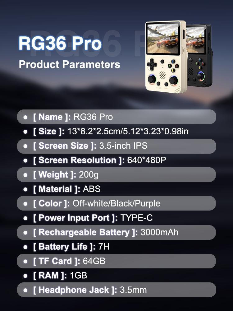 RG36 PRO Retro Handheld Game Console with 3.5 Inch IPS Screen Linux System Multiple Color Options Black Purple White