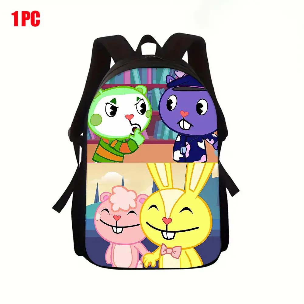 Happy Tree Friends Split Panel Cartoon Backpack, Flippy Cuddles Nutty & Giggles Two Scene Print Daypack, 600D Oxford Lightweight School Bag Padded Straps Fits 15-inch Laptop, Side Mesh Pockets Washable Backpack for HTF Cartoon Horror Teen Fans