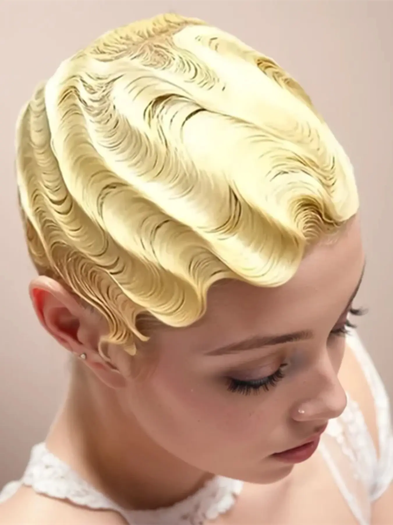 Pixie Cut Blonde Short Finger Wave Curly Machine Made Wig, Remy Human Hair Wigs for Women Daily Party Cosplay Use