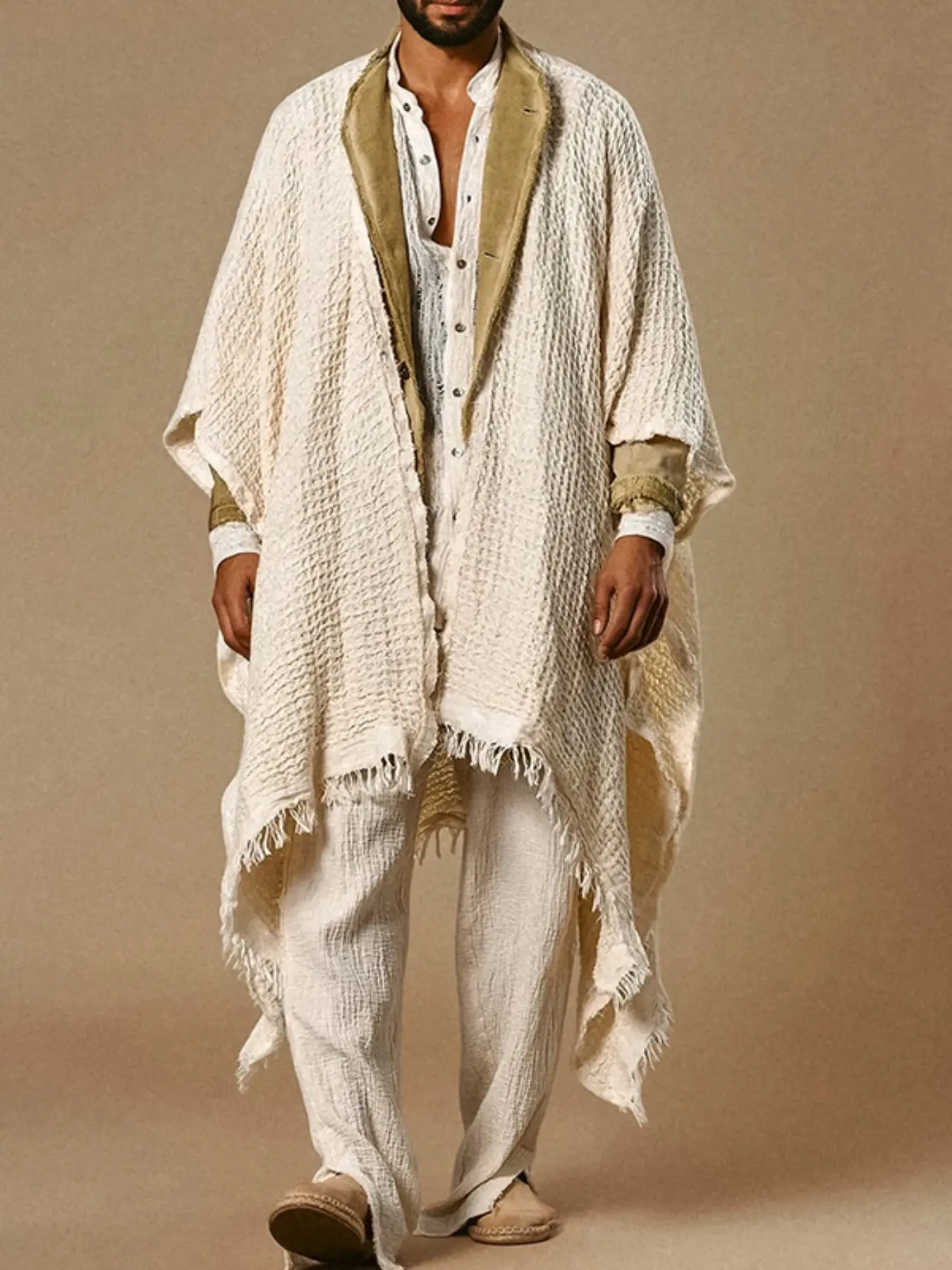 New Summer Autumn Casual Flowing Cape Coat Top, Beach Style Male Outerwear, Boho Chic Design, Lightweight & Breathable Material, Menswear