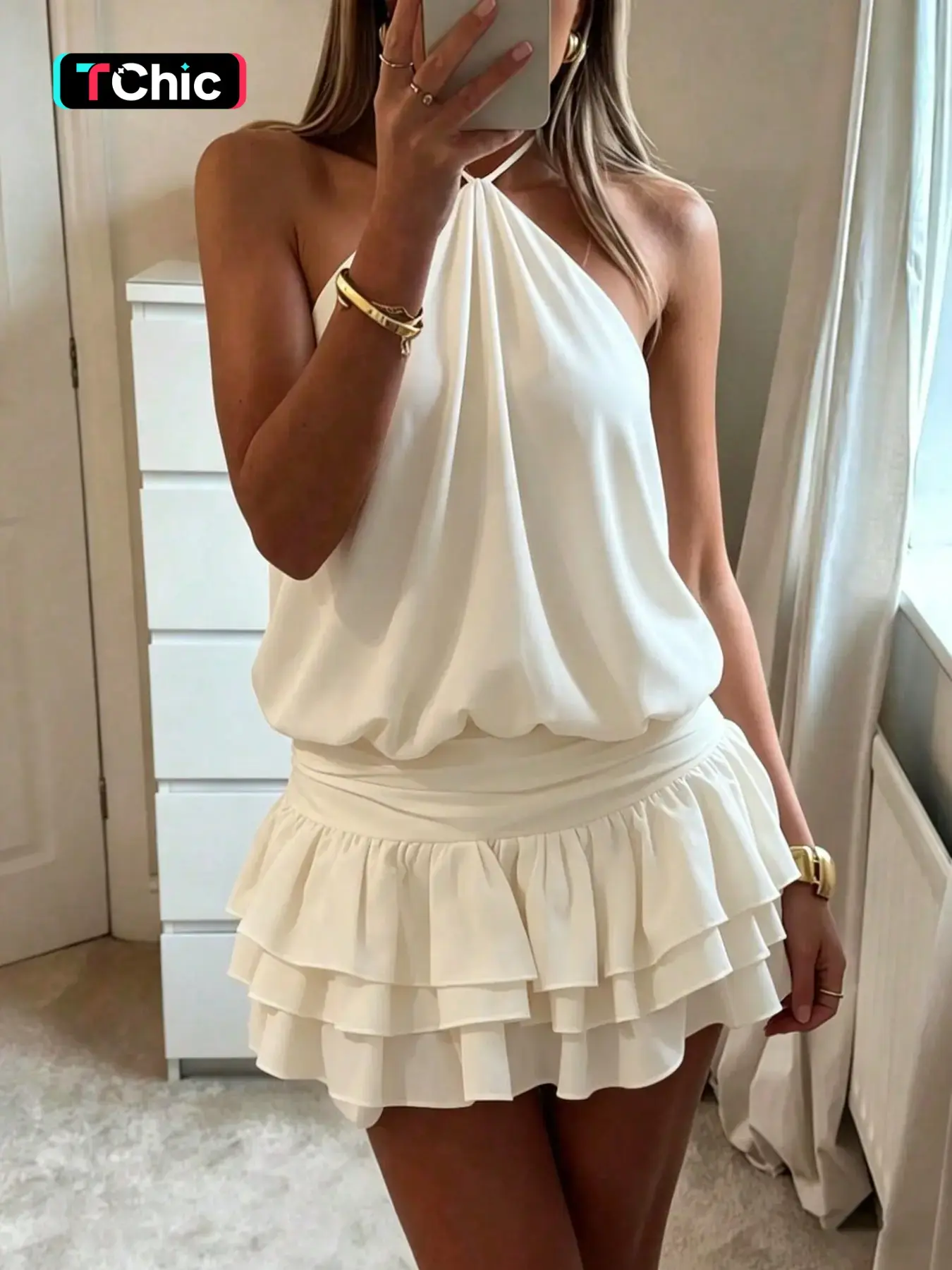 Fashion Halter Neck Sleeveless Tie Ruffle Ruffled Multi-Layer Short Dress, Beach Vacation Casual Wear, Elegant Party Wear