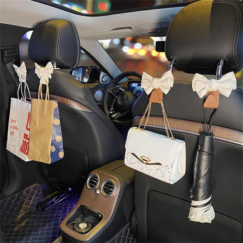 Cute Bowknot Car Seat Back Hooks 2Pcs, Premium Leather Dual Capacity Car Storage Hooks, Easy Install Interior Car Accessories Must Have,Cute Car Accessories for Women