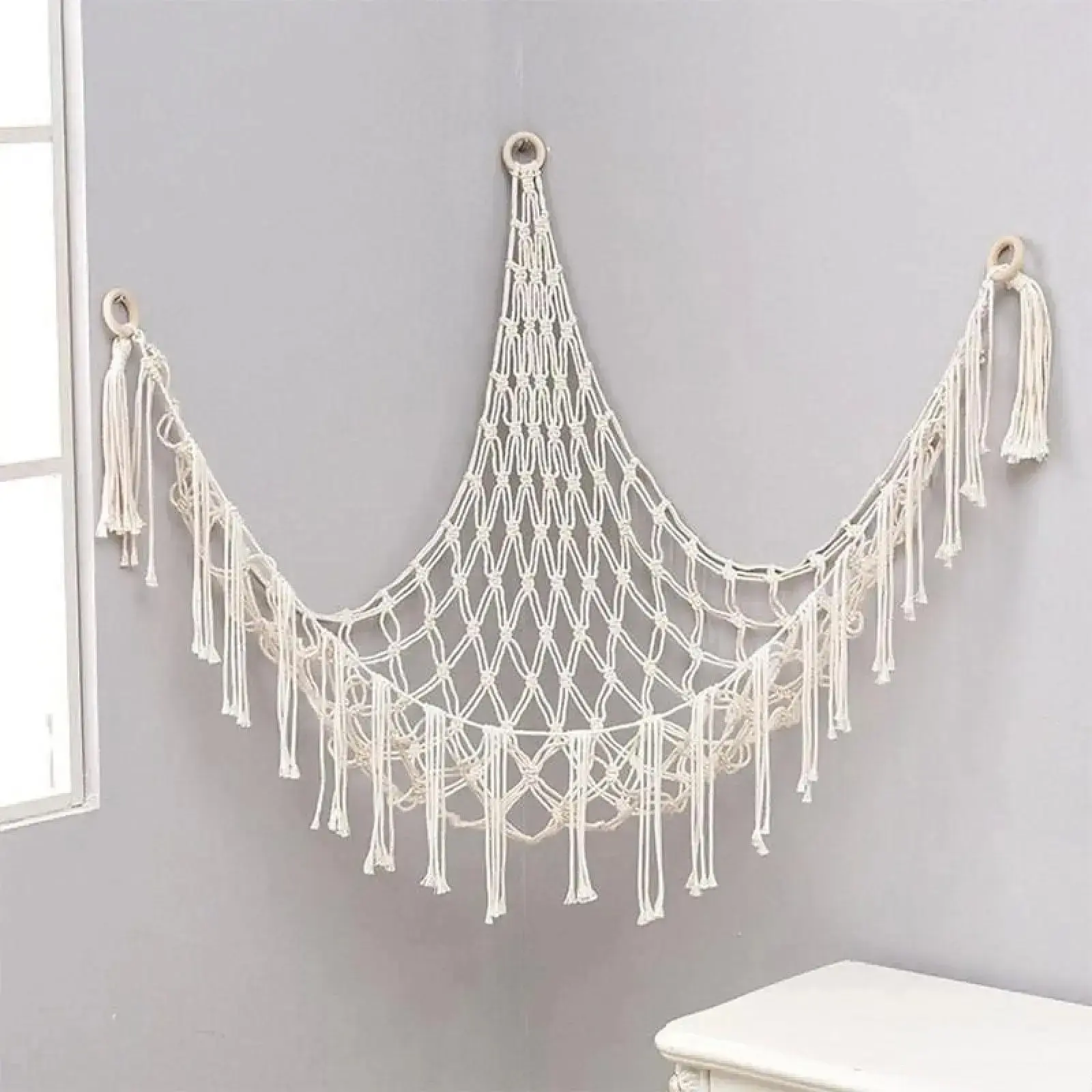Bohemian Hand‑Woven Cotton Rope Toy Storage Hammock, 60 Inch Corner Hanging Wall Organizer Basket, Macrame Tassel Wall Hanging Net for Stuffed Plush Toys, Boho Room Decor for Bedroom Dorm Apartment Home Storage Accessory