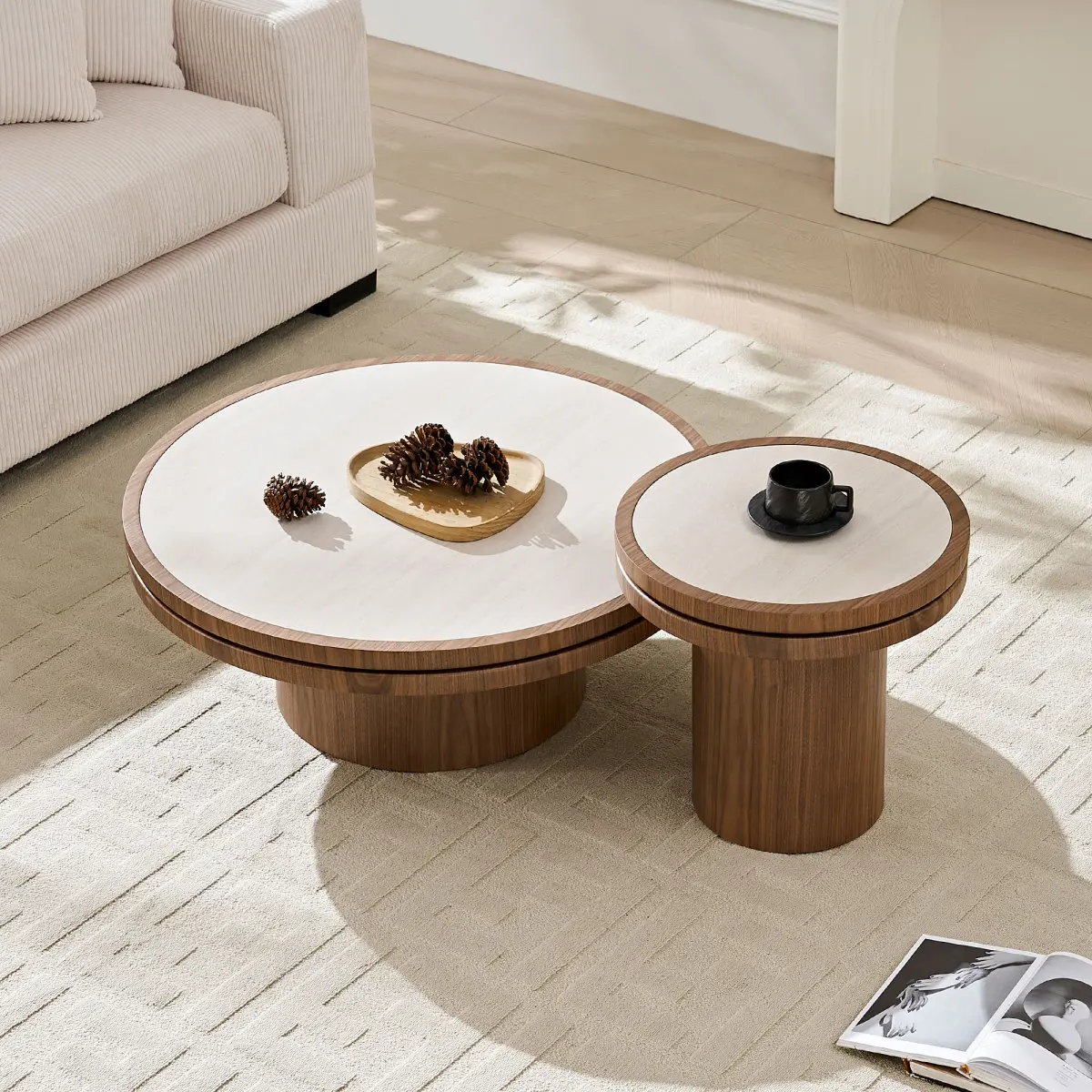 Set of 19.49''+35.43'' MDF Round Coffee Table  Sintered Stone Tabletop for Living Room Apartment  Reception Room  WALNUT