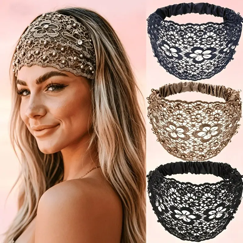 3 Piece Bohemian Lace Beaded Wide Headband, Elastic Non-Slip Hair Tie, Covers Hair, Stylish Women's Fashion Accessory