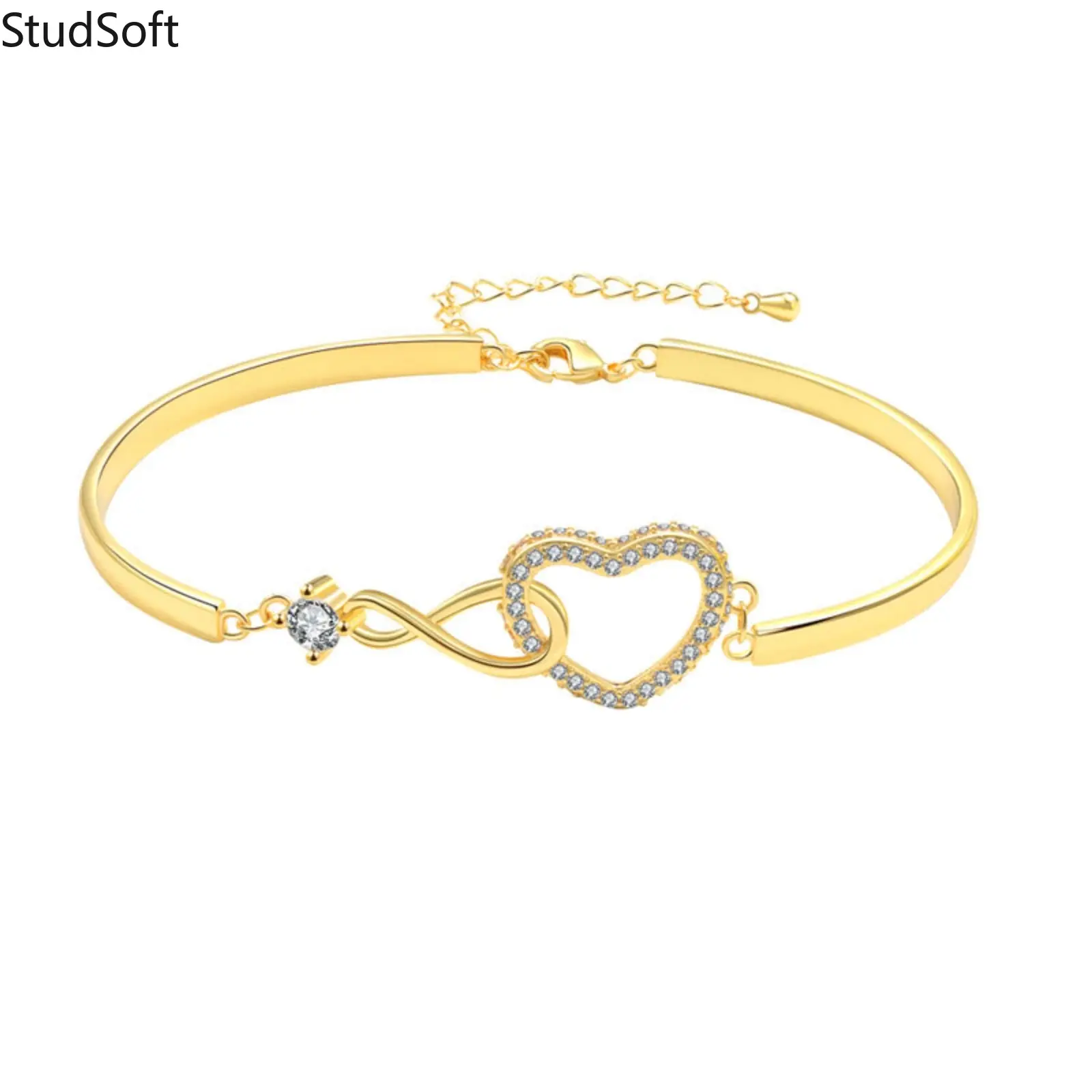 Gold Infinity Heart Bracelet for Women Sparkly Cubic Zirconia Cuff Bangle Adjustable Extension Chain Eternal Love Jewelry Birthday Wedding Anniversary Gift