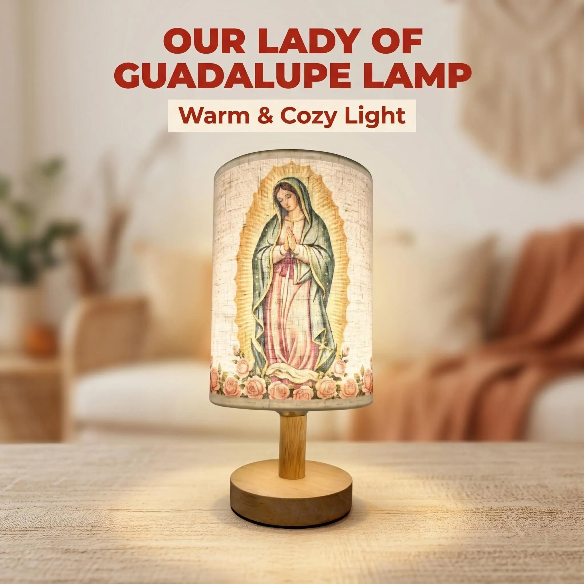 Our Lady of Guadalupe Table Lamp - Minimalist Mother Mary Medallion Religious Home Decor, Fabric Shade LED Night Light, Solid Wood Base, 23cm H, 12cm Base Diameter, 450g, Soft Warm Glow for Bedroom First Communion Use Gift Gift