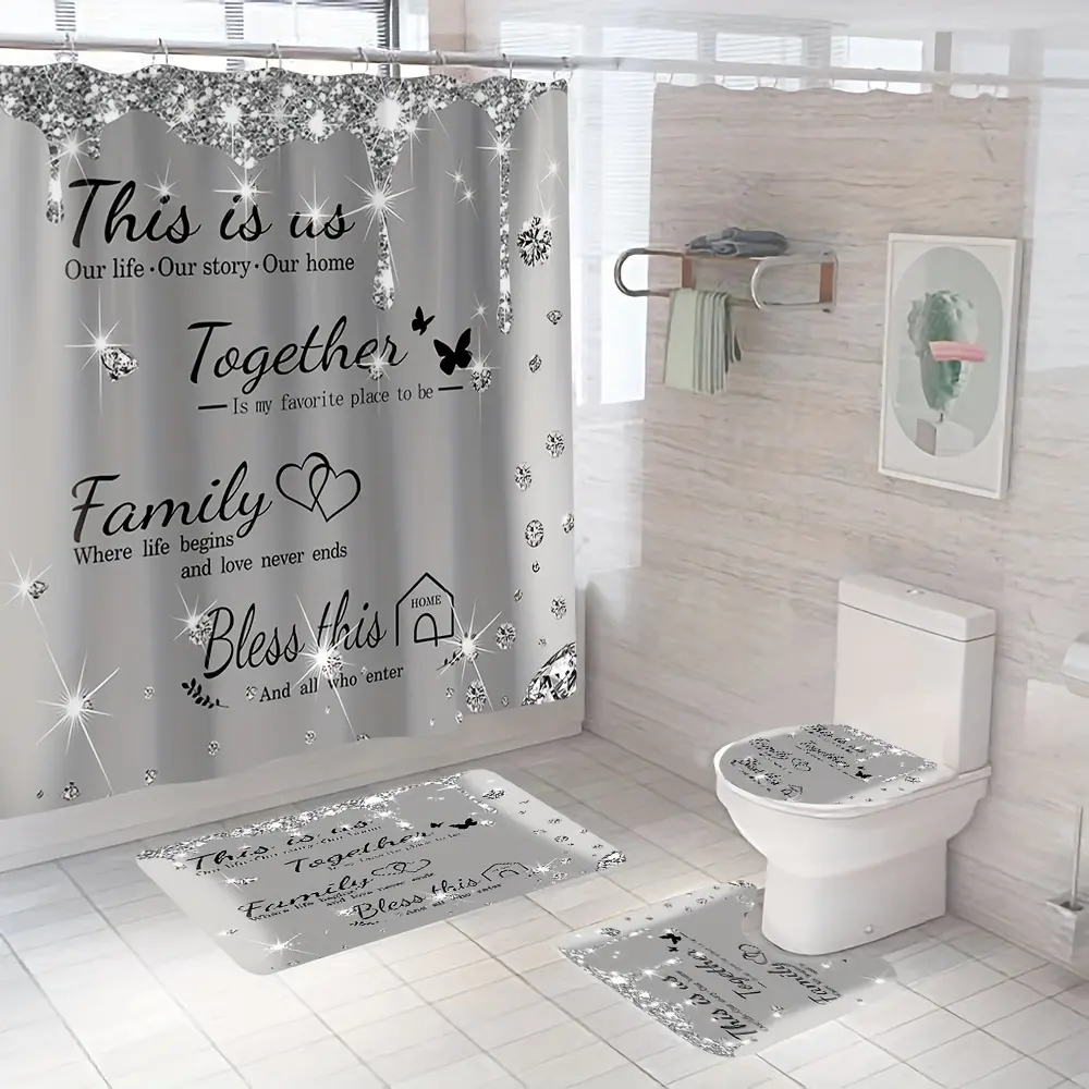 Set of 4, Shiny Diamond Letter Printed Shower Curtain, Luxury Grey Bathroom Curtain Set, with Bath Mat Carpet, Non-Slip Carpet, Toilet Cover, Home Decor, Bath Partition, Bathroom Accessories