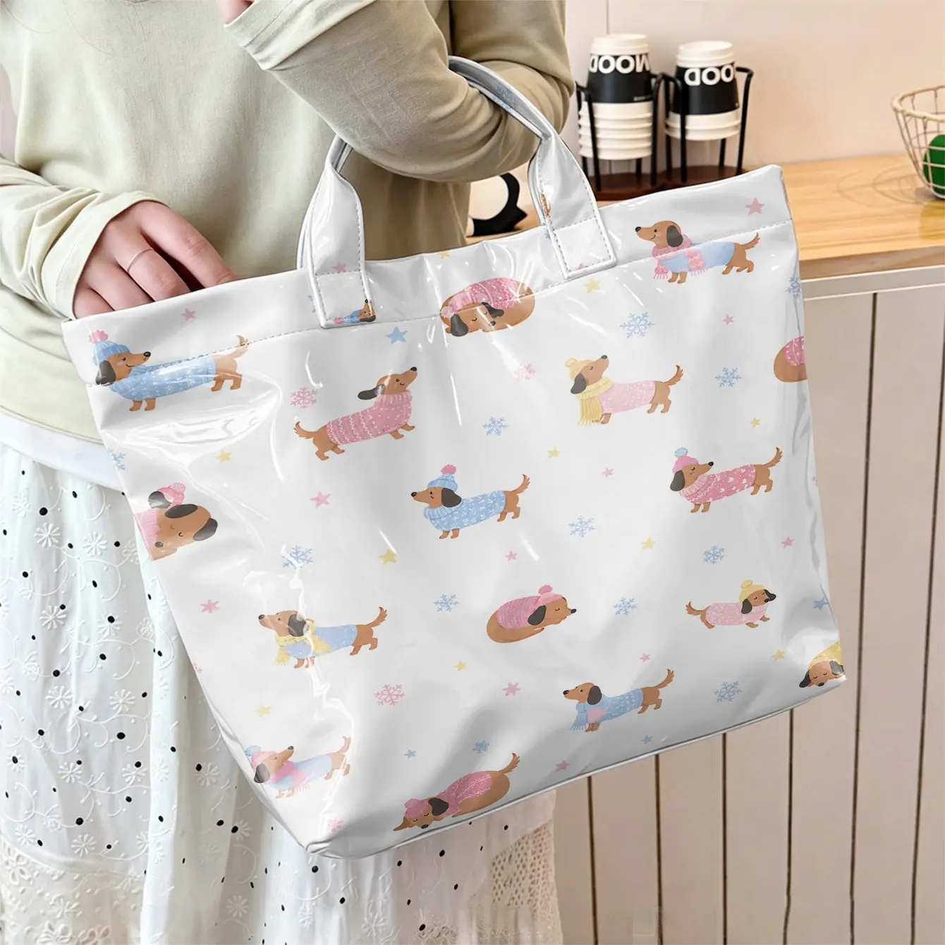 1pc Large Capacity Women Tote Bag, Winter Warm Dachshund Knit Hat Scarf Snowflake Star Print Glossy Waterproof PVC Handbag, Cute Winter Casual Shoulder Bag for Shopping School Office Travel Daily