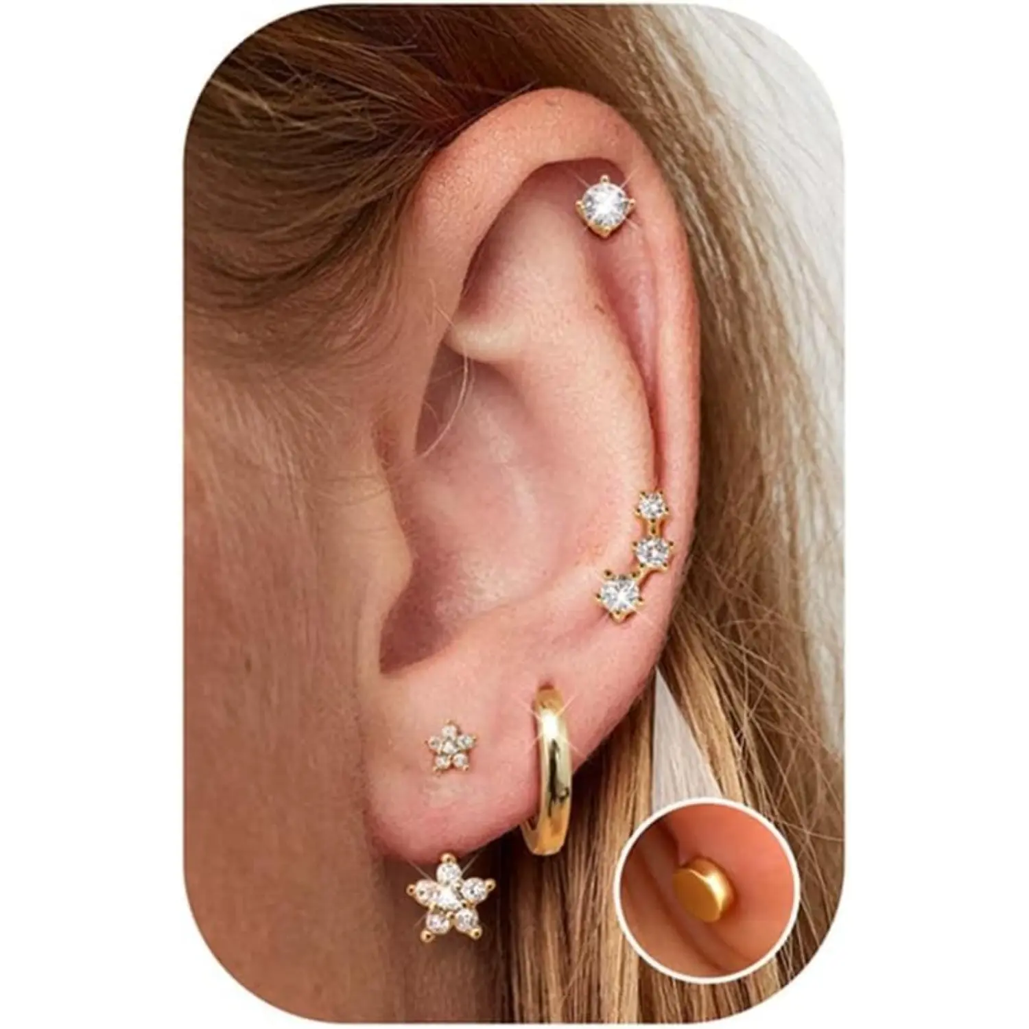 FIASASO 4 Pairs Dainty Earrings for Women Silver/Gold Stud Hoops Earrings Hypoallergenic Surgical Steel Flat Back Earrings Stacks Small Sleeper Huggies Cartilage Earrings Set for Ear Piercing