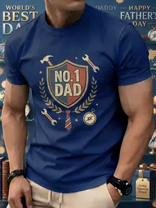 Retro Laurel Wreath Soft Skin-Fit Men Short Sleeve Tee, Vintage Badge Hardware Dad Printed Top For Adult Dads, Holiday Present Backyard Daily Wear, Viral Popular Father Gift Outfit Trend