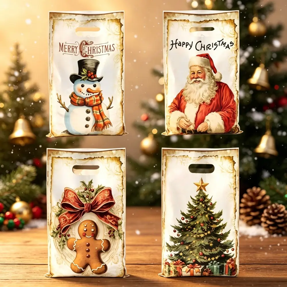 25Pcs Vintage Christmas Gift Bags Santa/Snowman/Gingerbread Printed Plastic Handled Treat Bags for Kids Party Candy Favors, Holiday Table Decor, 2026 Xmas Gift, Christmas Home